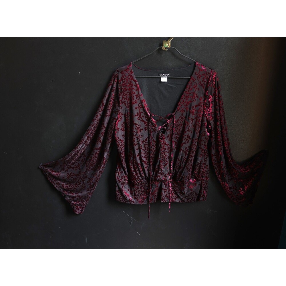 Venus Velvet Burnout Floral Long Bell Sleeve Top Whimsigoth Corset Tie Fairy XL